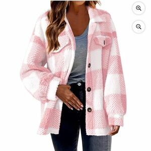 Pink & White Plaid Sherpa Button-Down Shacket